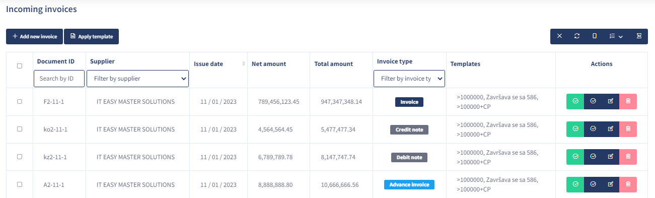 The page where the incoming invoices are located